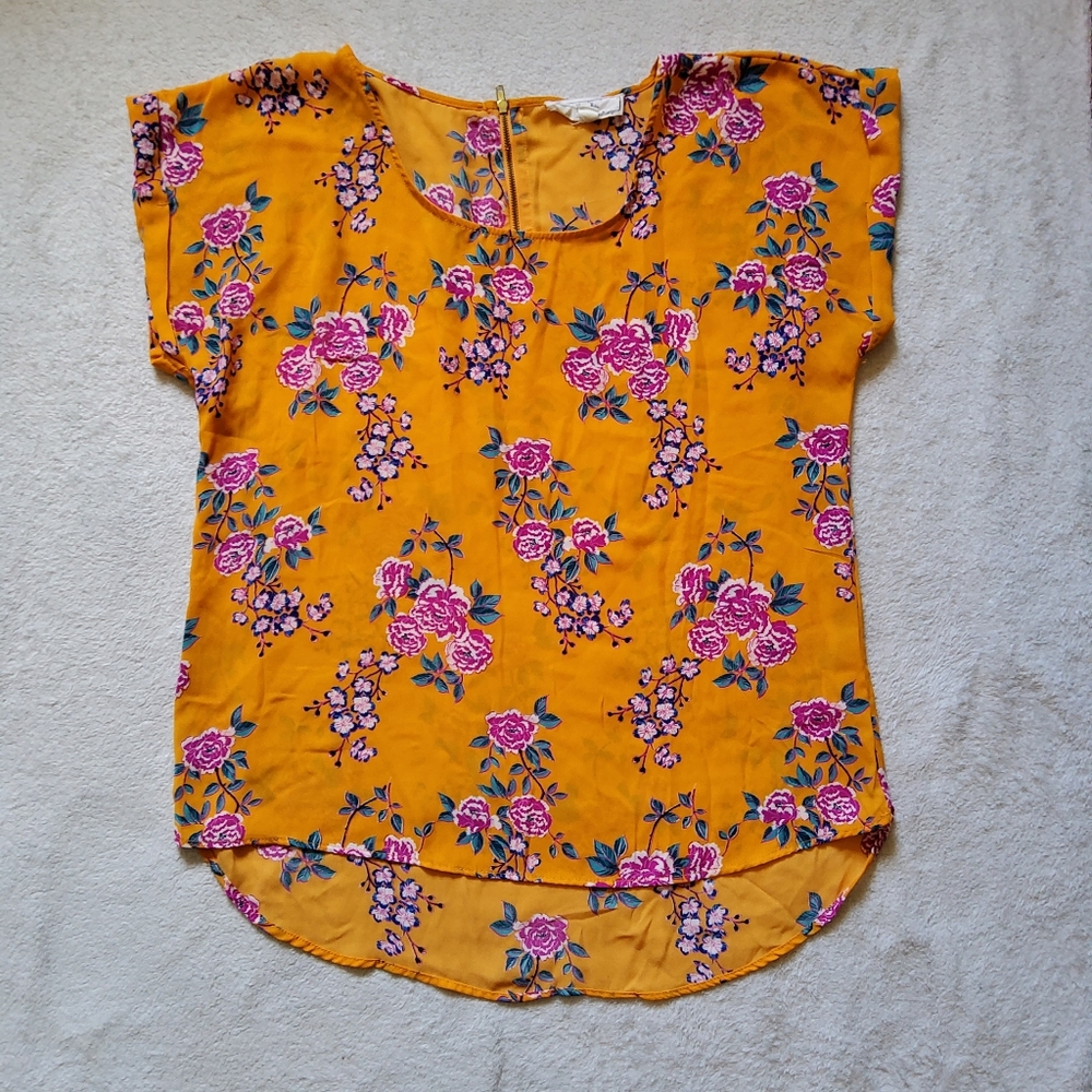 Hippie Rose Orange Floral Print Lightweight Blouse Boho Luxe Style Women's Large